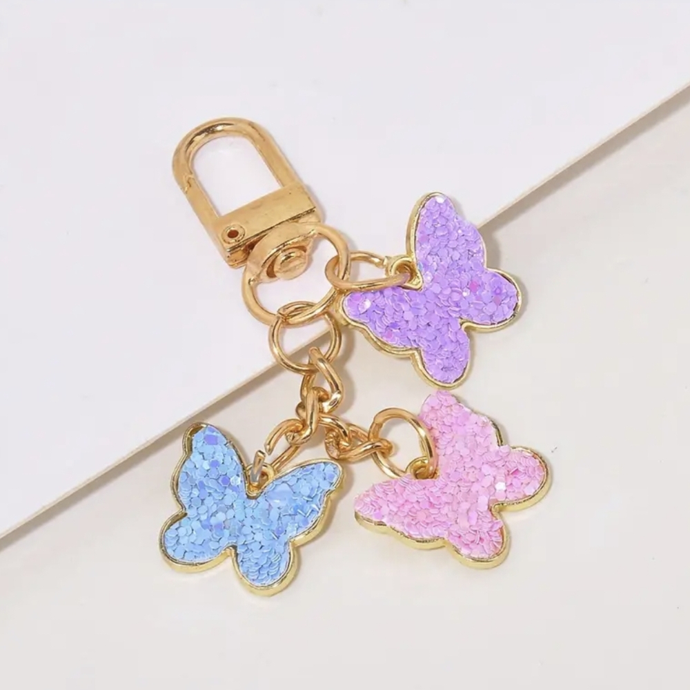 Butterfly Trio Enamel Bag Charm, Zipper pull, or Keychain 🦋 Blue/Pink/Purple